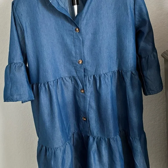 Blue Button-Up Tiered Dress - Picture 6 of 9